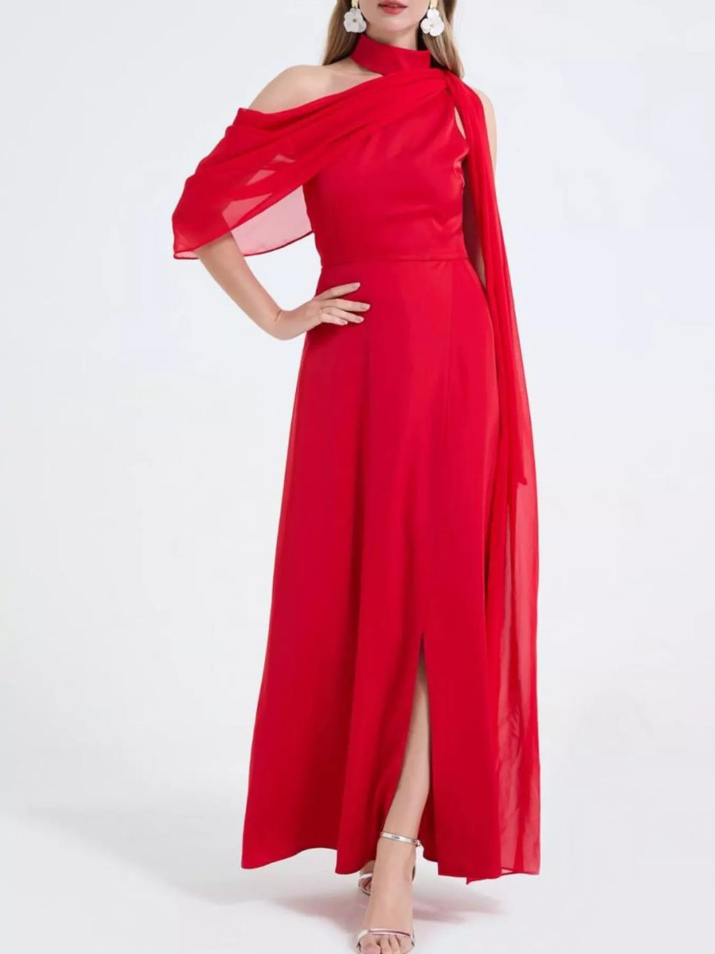 Asymmetrical Neck High Slit Maxi Dress - Girly Tea