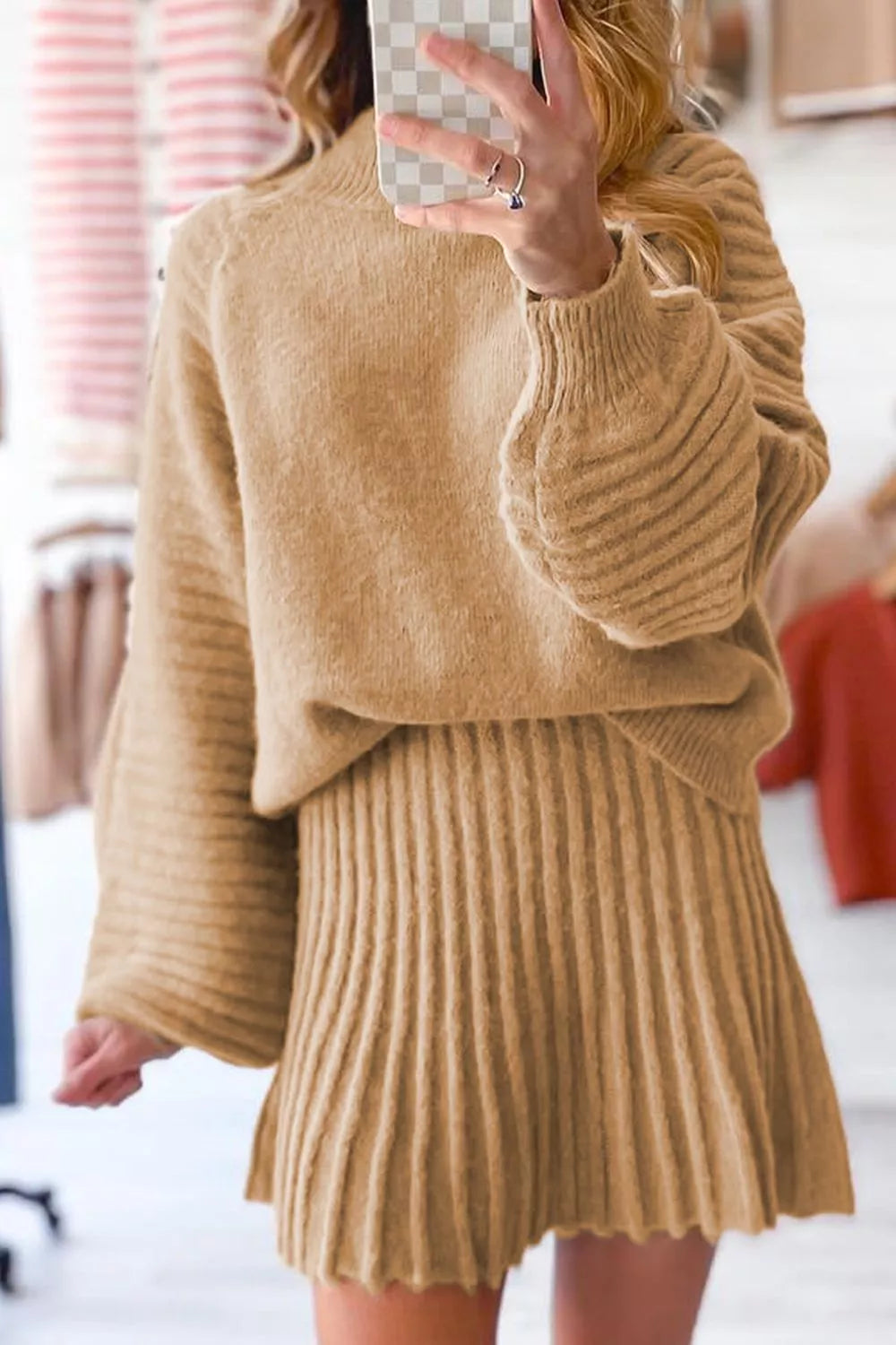 Ribbed Knit Long Sleeve Top and Skirt Sweater Set - Girly Tea