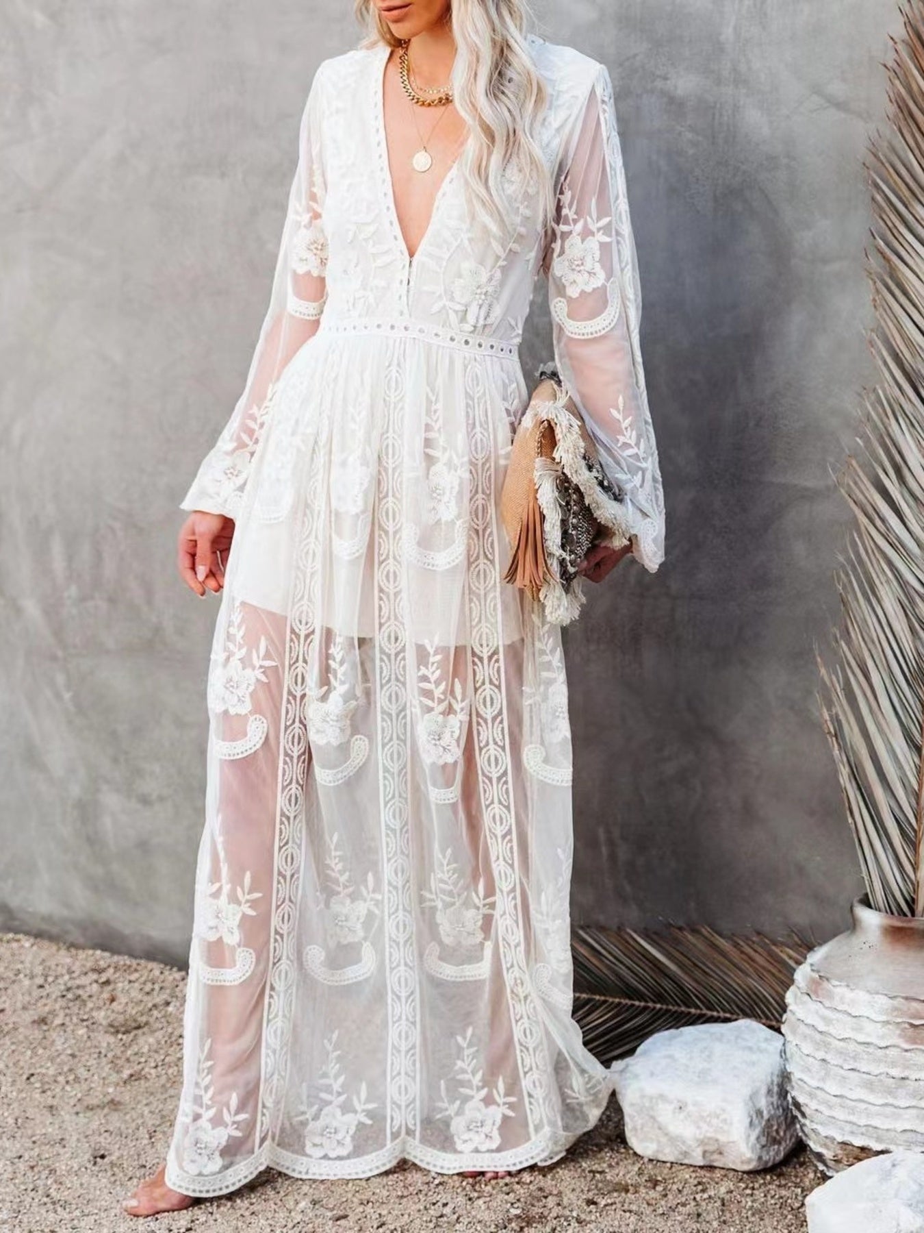 Floral Lace Slit Maxi Dress - Girly Tea