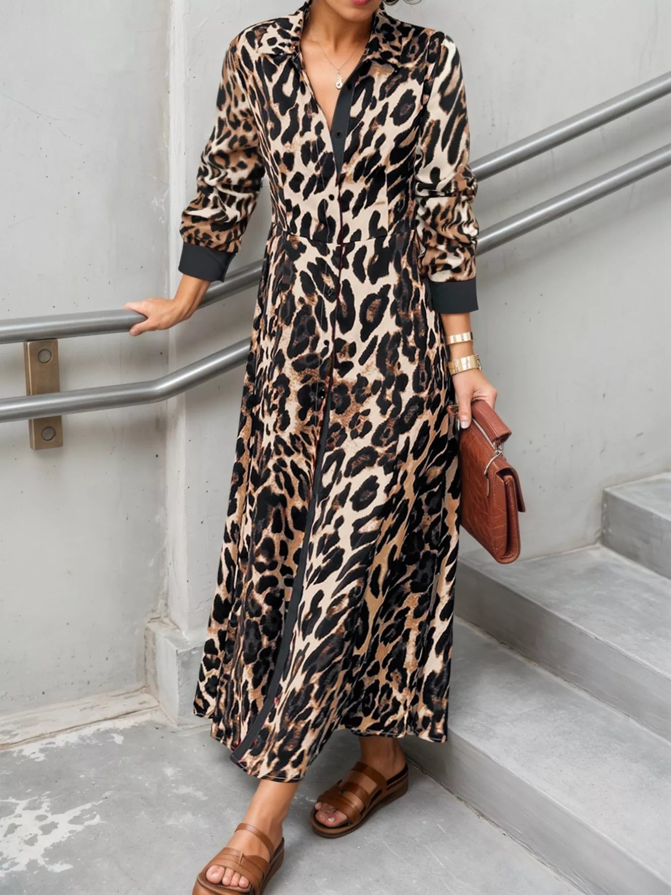 Leopard Print Long Sleeve Shirt Dress with Contrast Trim - Girly Tea