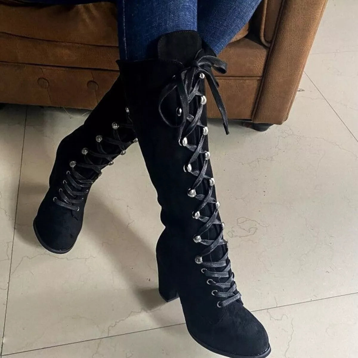 Lace Up Block Heels Boots - Girly Tea