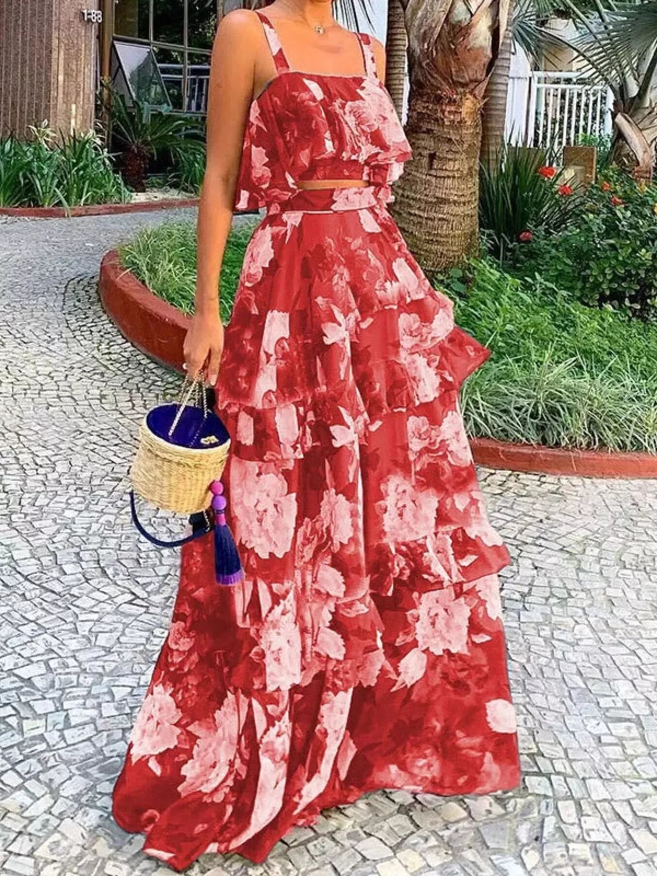 Floral Print Ruffle Cami and Skirt Two-Piece Set - Girly Tea