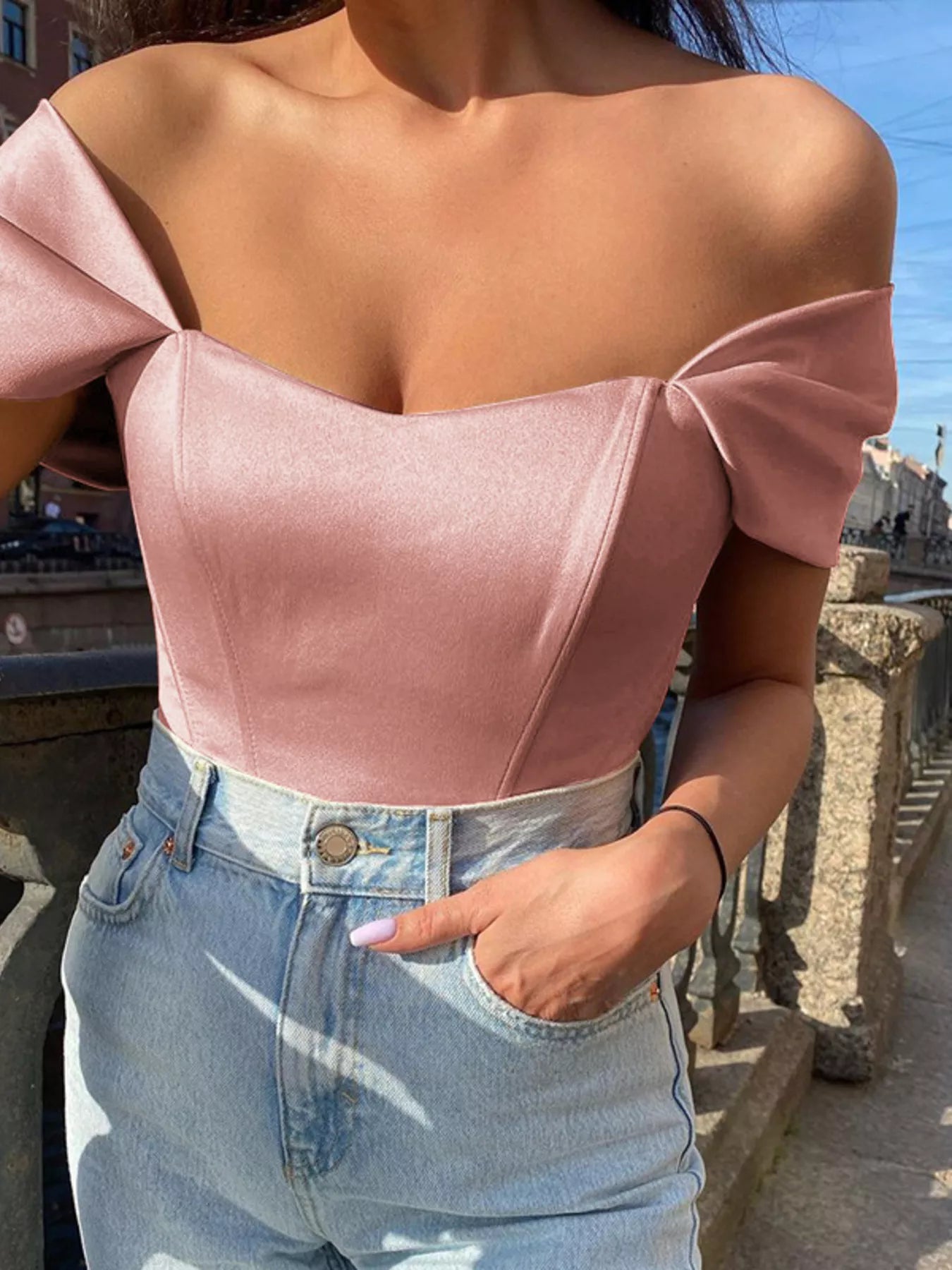 Off-Shoulder Short Sleeve Blouse - Girly Tea