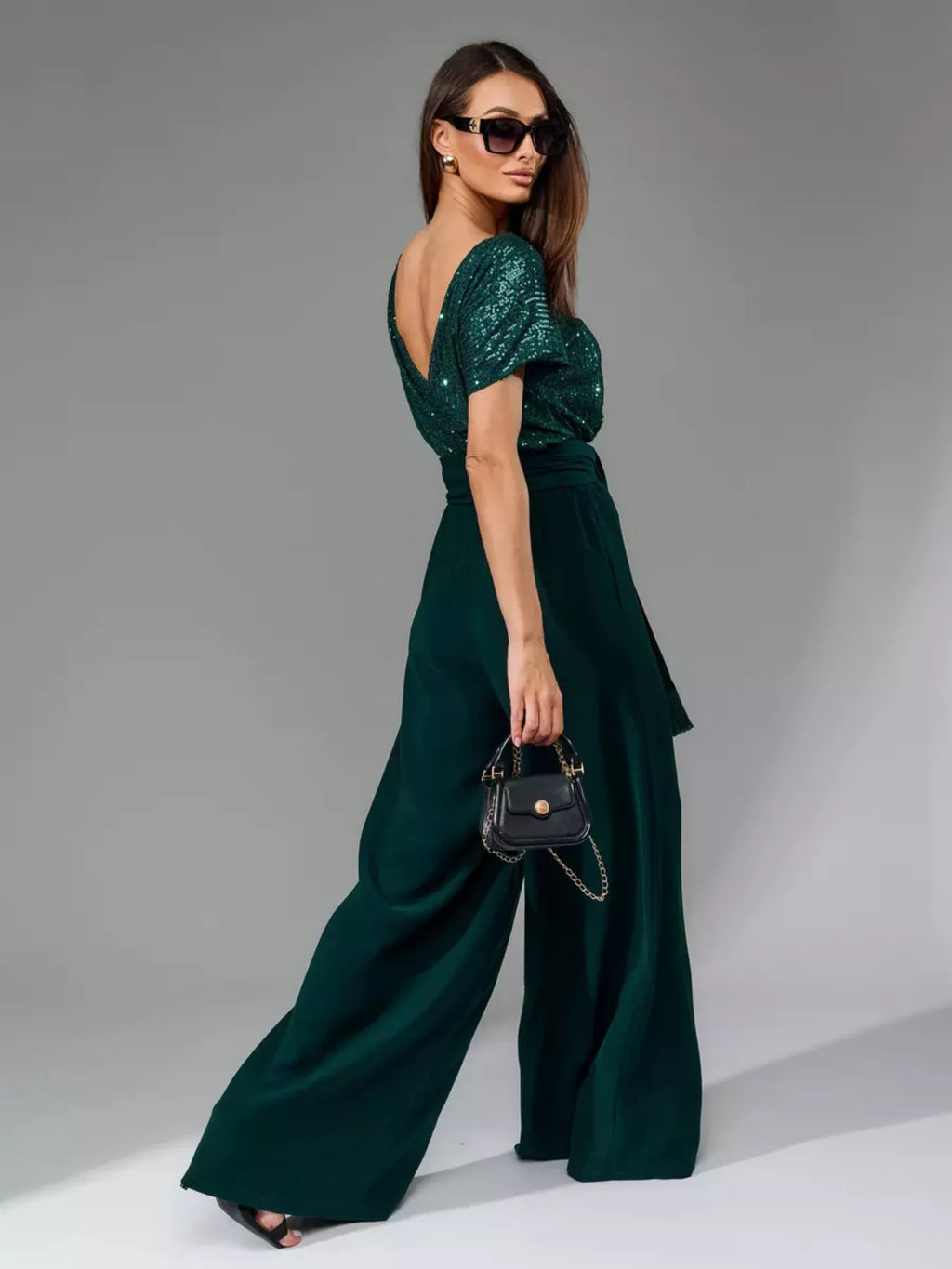 Full Size Sequin Short Sleeve Wide Leg Jumpsuit Plus Size - Girly Tea