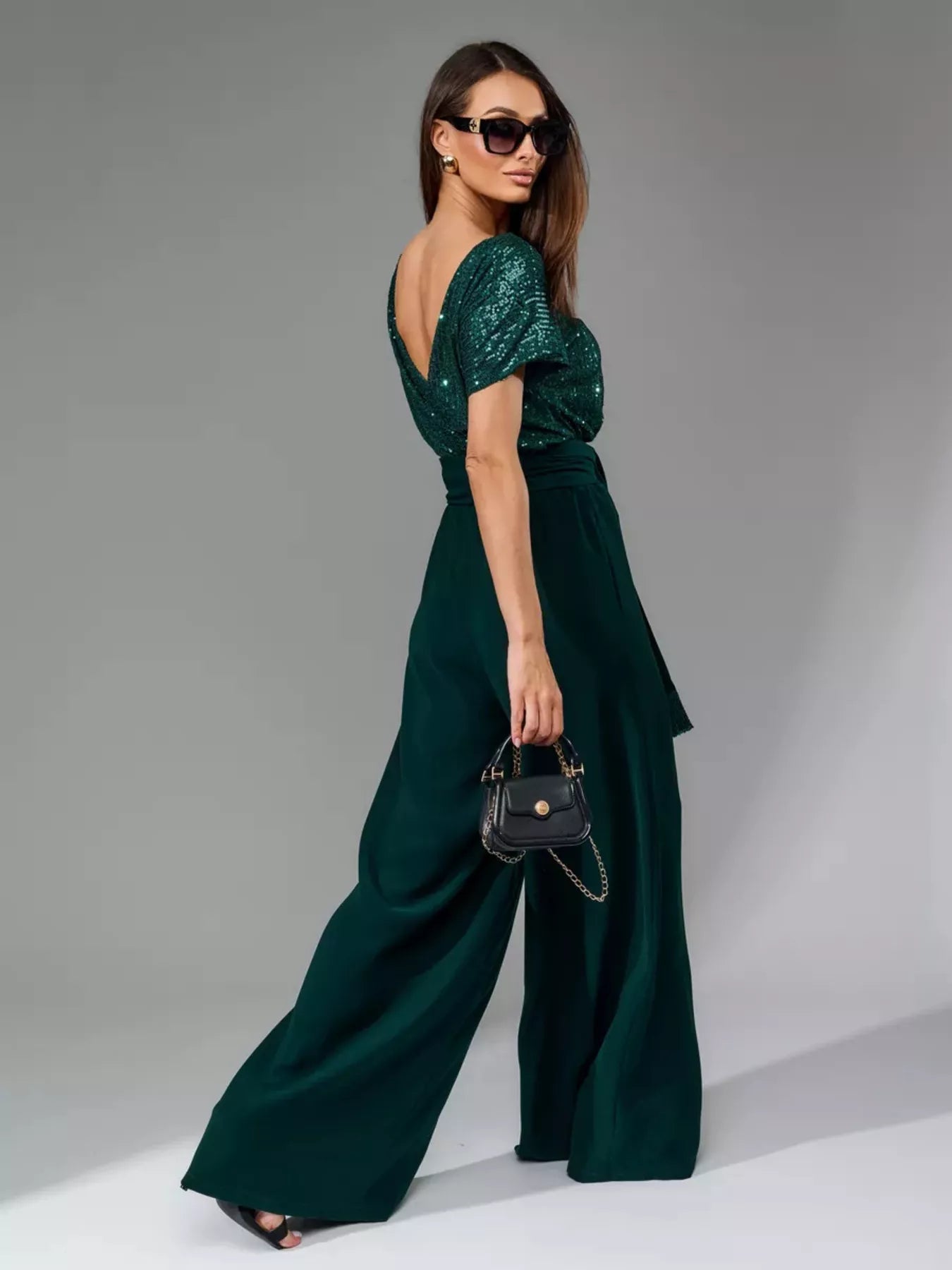 Full Size Sequin Short Sleeve Wide Leg Jumpsuit Plus Size - Girly Tea
