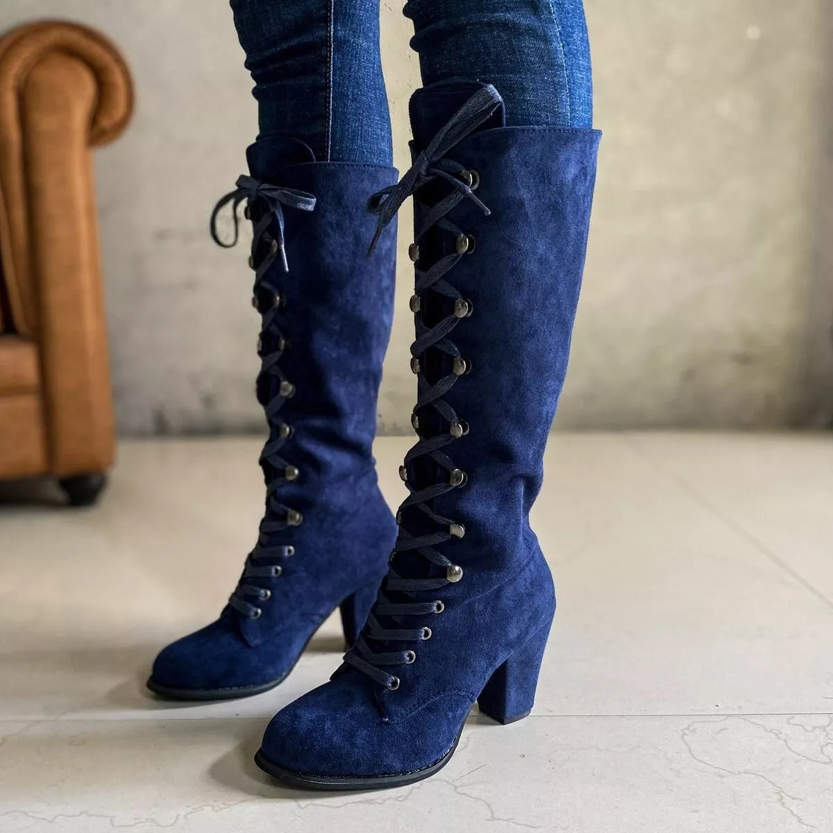 Lace Up Block Heels Boots - Girly Tea