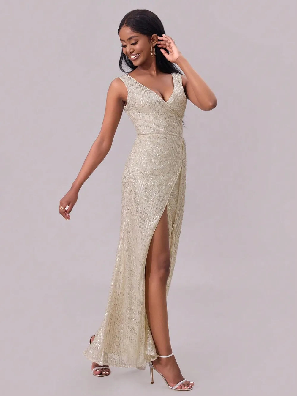 Slit Sequin Surplice Sleeveless Maxi Dress - Girly Tea