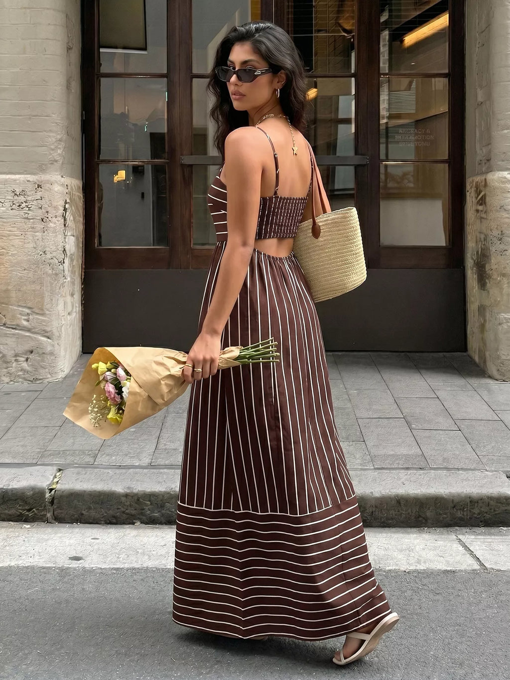 Striped Print Spaghetti Strap Maxi Dress - Girly Tea