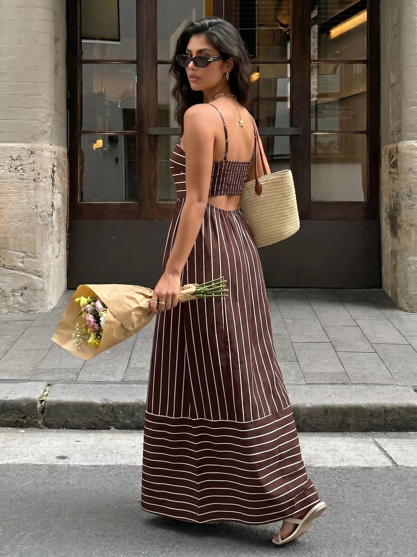 Striped Print Spaghetti Strap Maxi Dress - Girly Tea