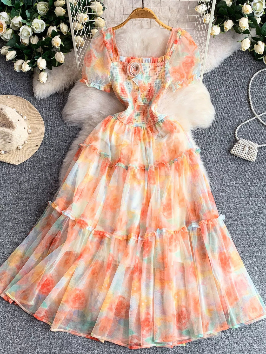 Smocked Floral Tiered Mesh Midi Dress - Girly Tea