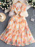 Smocked Floral Tiered Mesh Midi Dress - Girly Tea