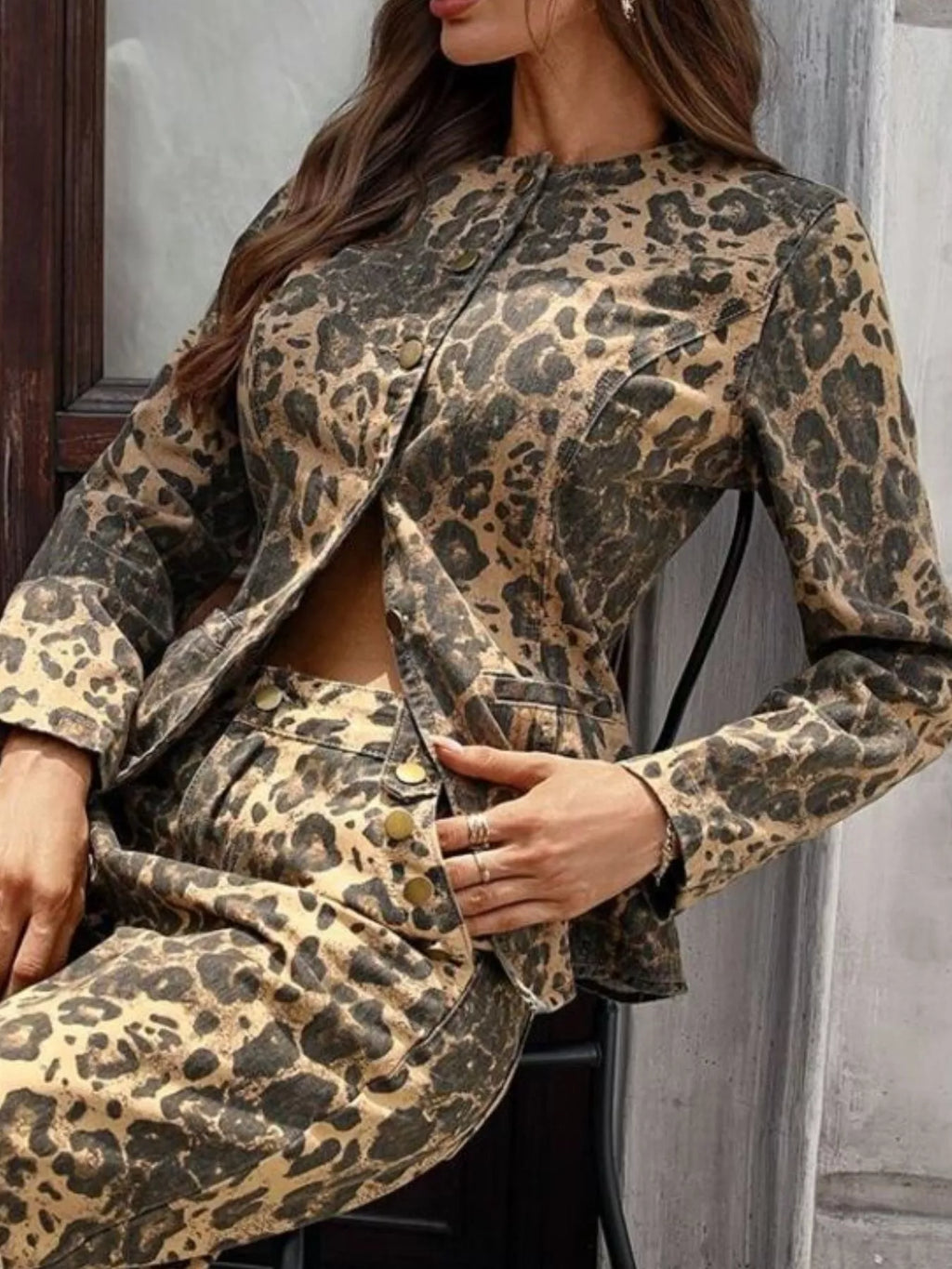 Leopard Button Up Long Sleeve Denim Shirt - Girly Tea