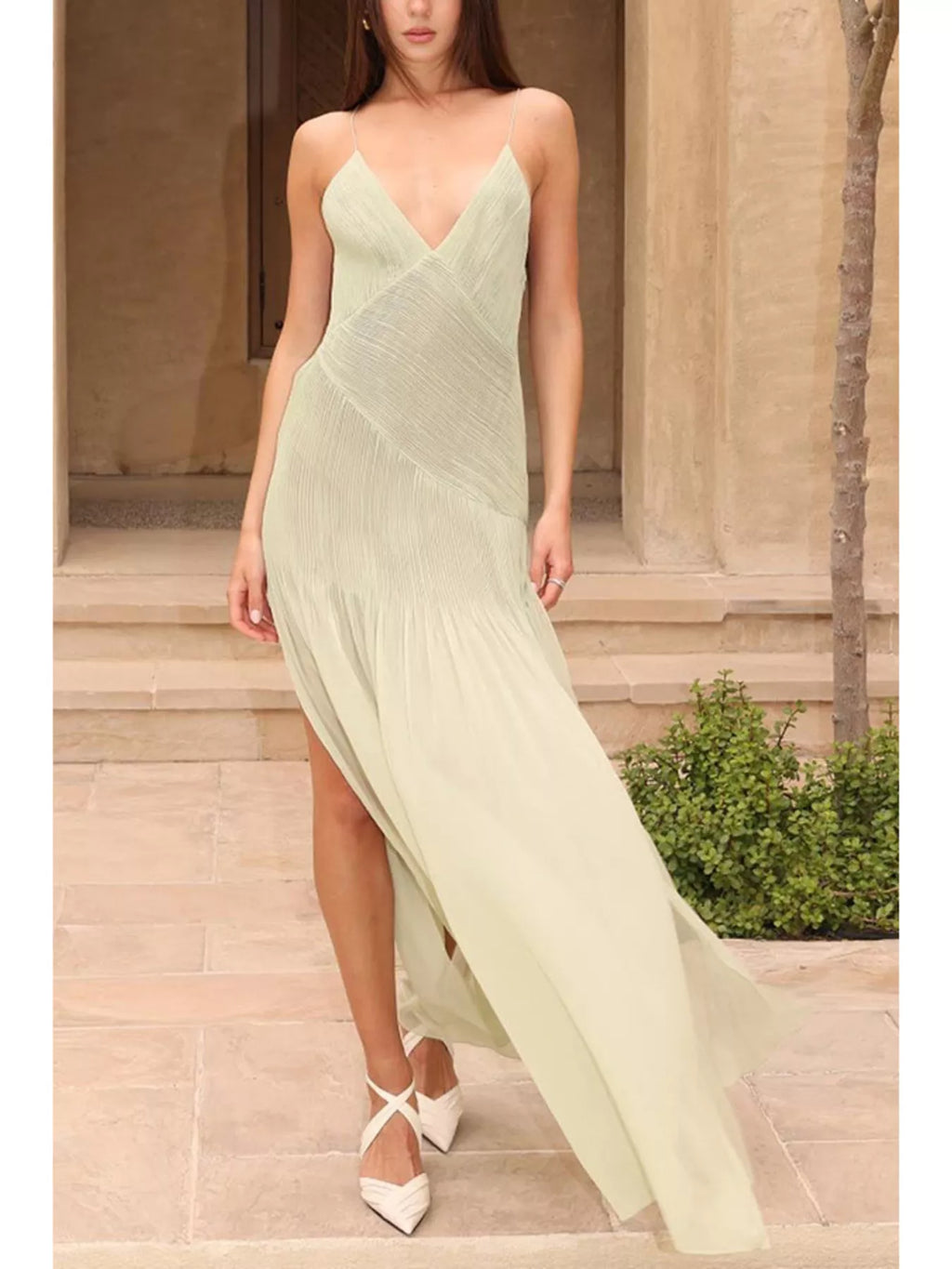 Elegant Pleated Sheer Maxi Cami Dress - Girly Tea