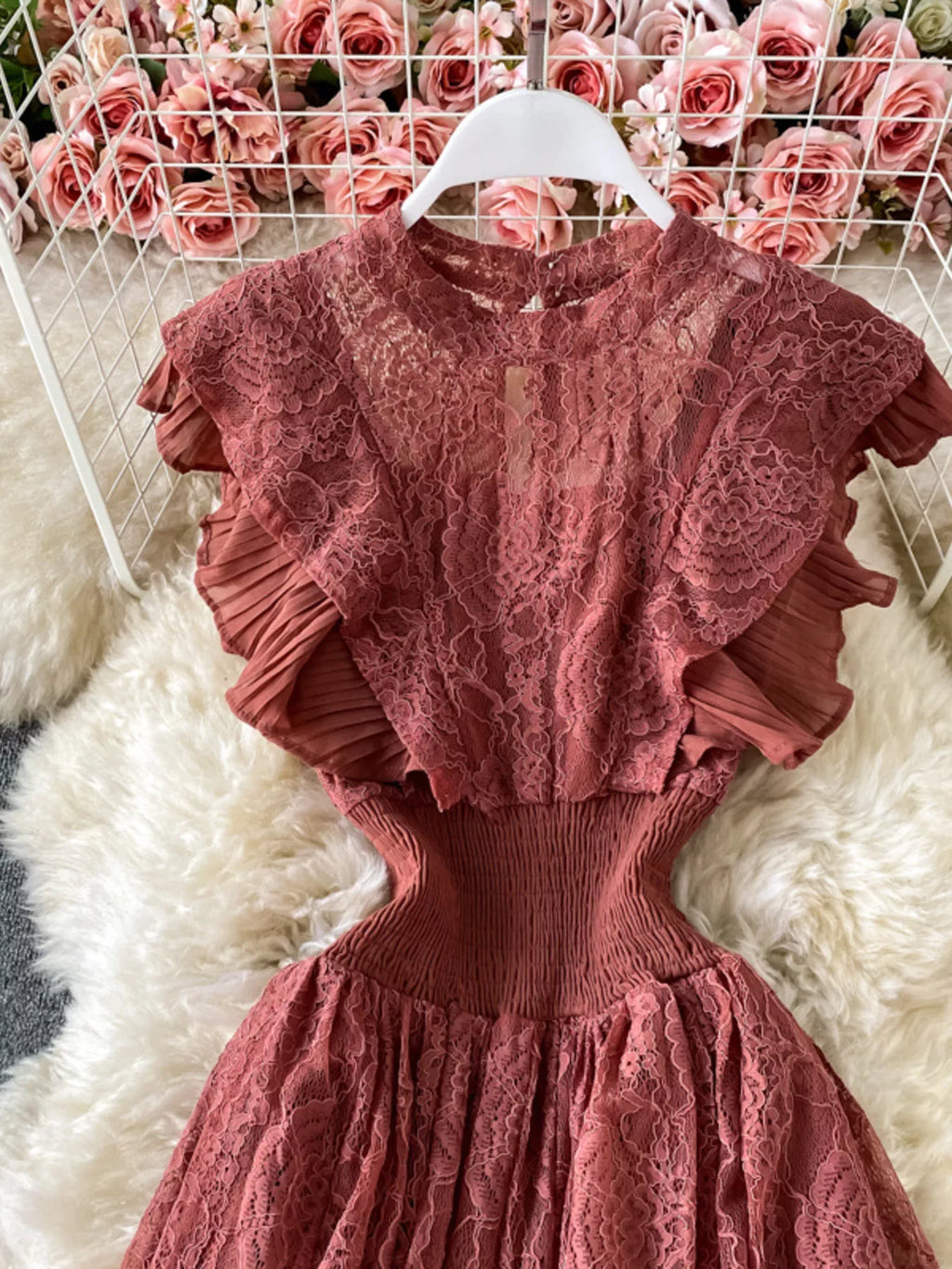 Ruffled Mock Neck Lace Maxi Dress - Girly Tea