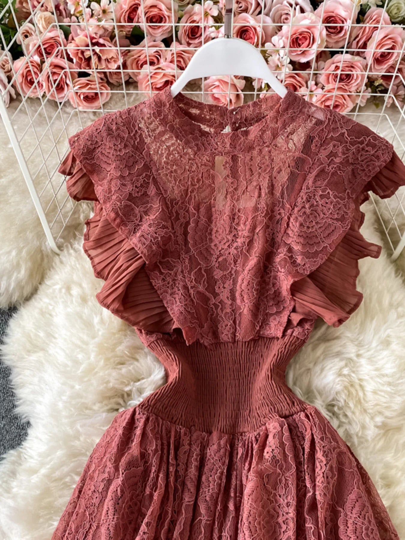 Ruffled Mock Neck Lace Maxi Dress - Girly Tea