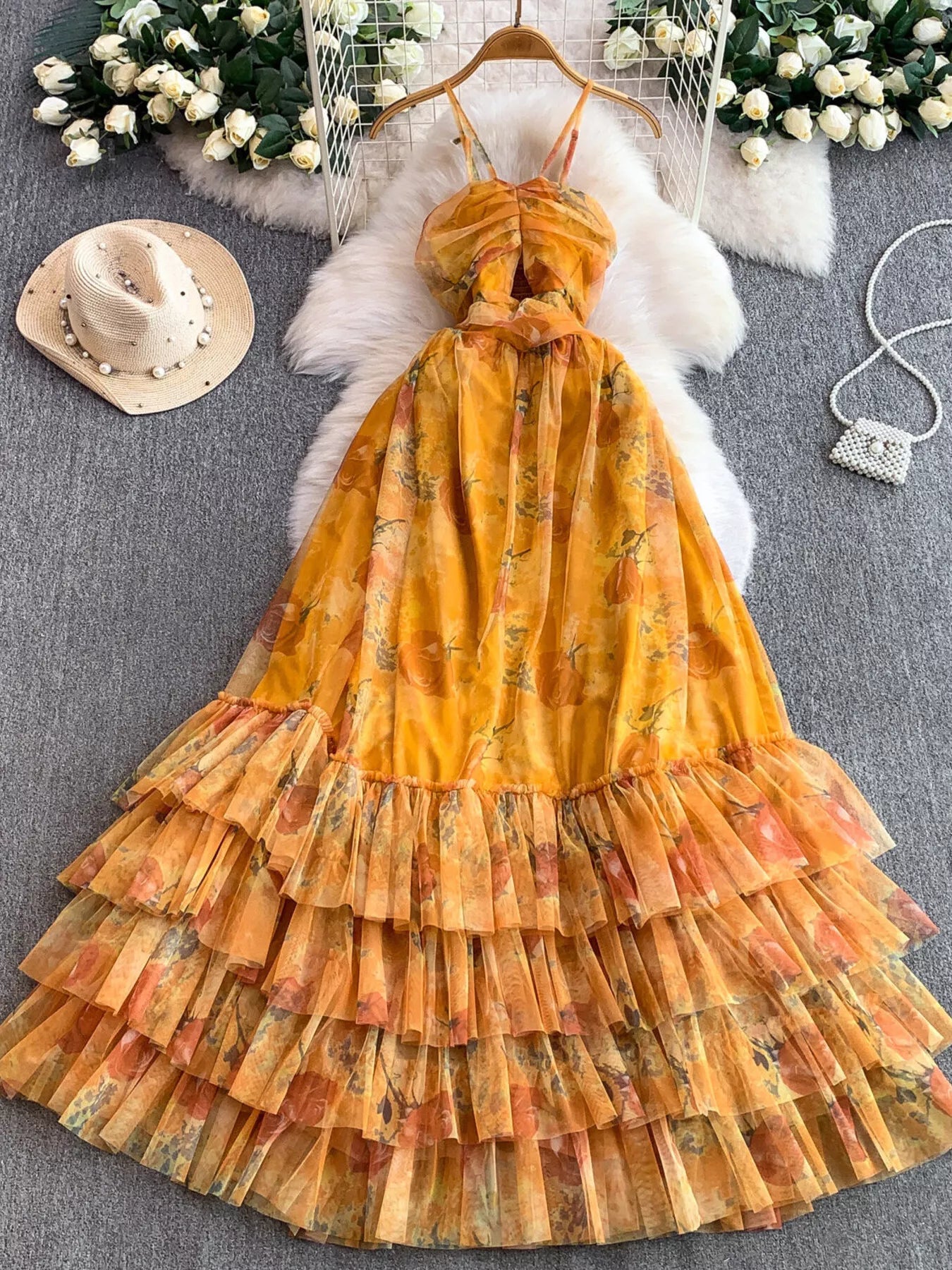 Floral Print Ruffled Layered Mesh Dress - Girly Tea