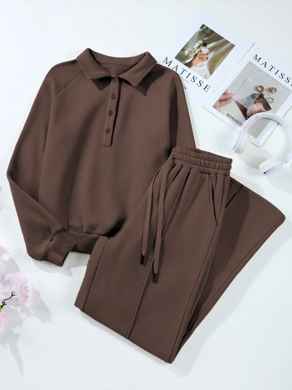 Collared Sweatshirt and High Waist Pants Active Set - Girly Tea