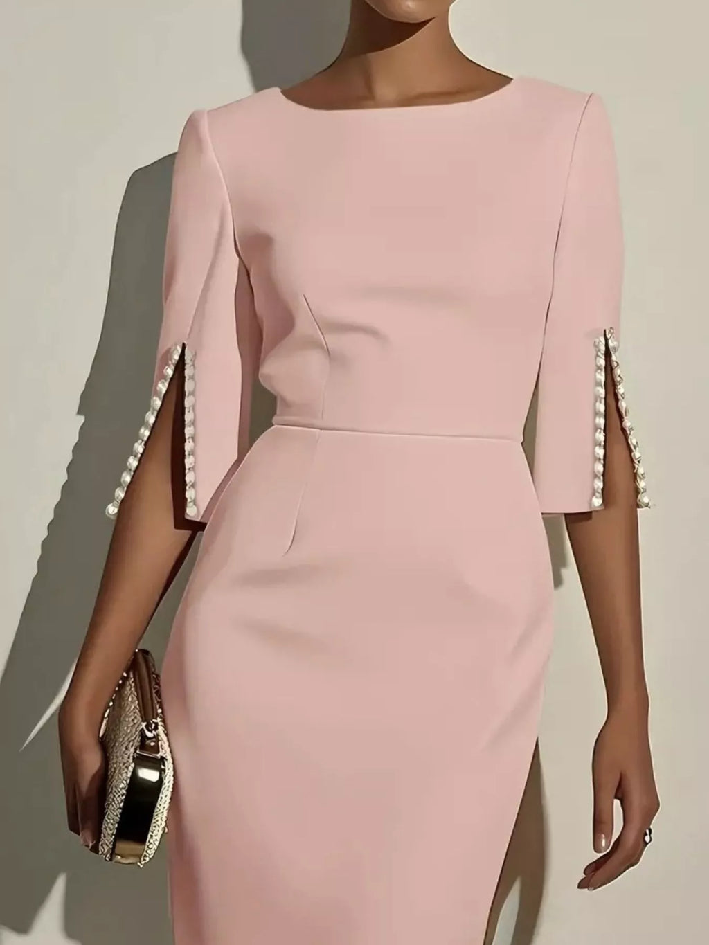 Slim-Fit Elegant Midi Dress with Beaded Slit Sleeve - Girly Tea