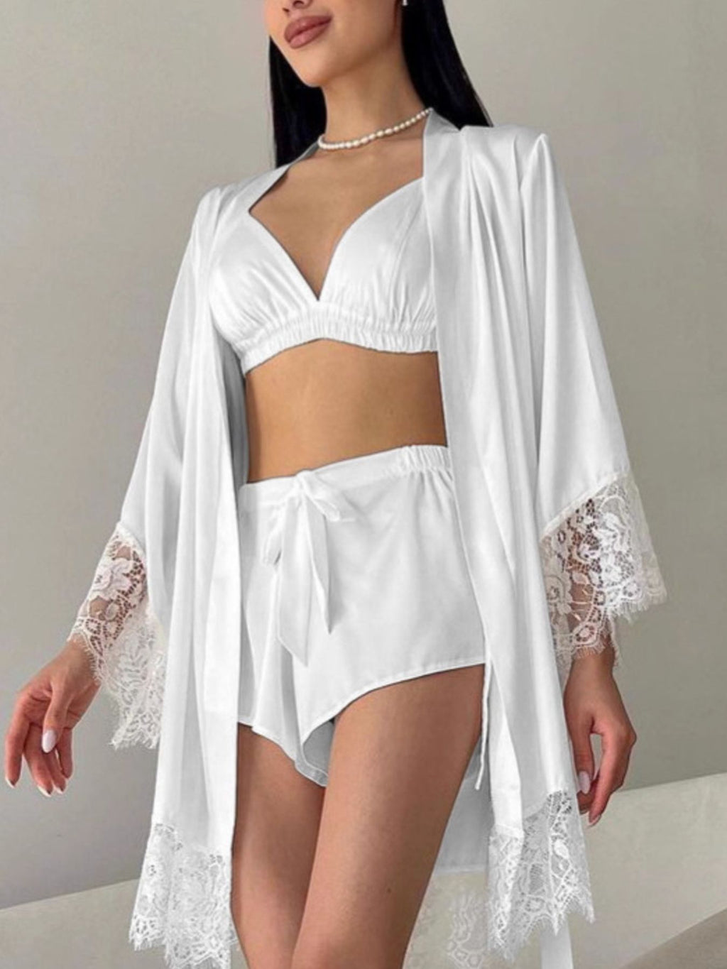 Cami & Lace Trim Cardigan & Shorts Lounge Set - Girly Tea