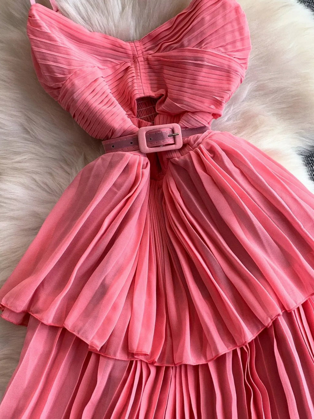 Pleated Layered Spaghetti Strap Midi Dress - Girly Tea