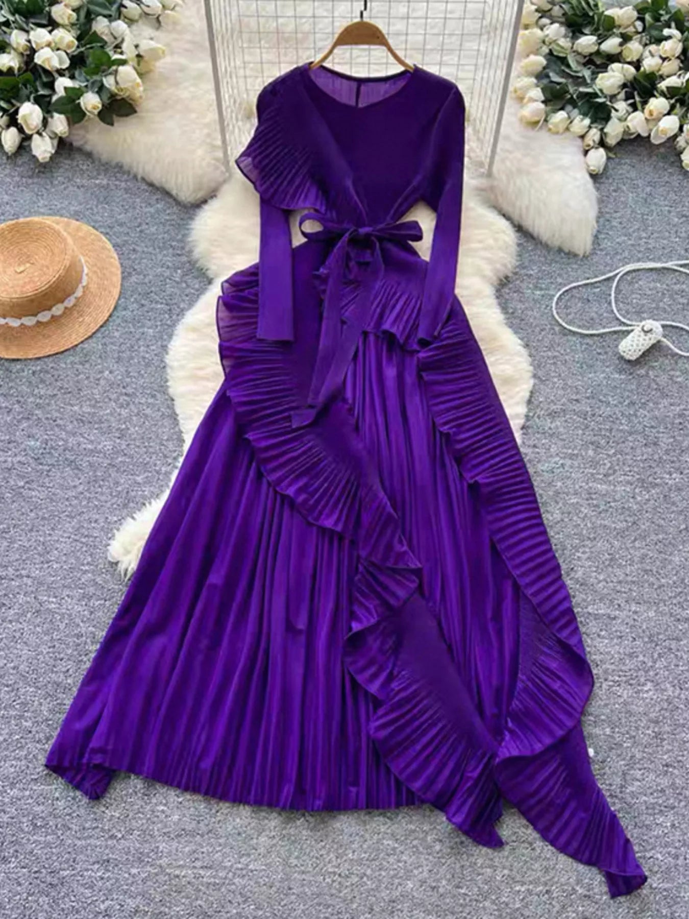 Ruffle Trim Pleated Midi Dress - Girly Tea