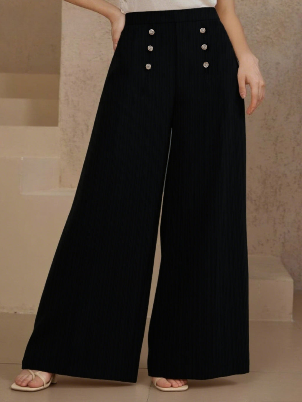 Plus Size High Waist Wide Leg Button Decor Pants - Girly Tea