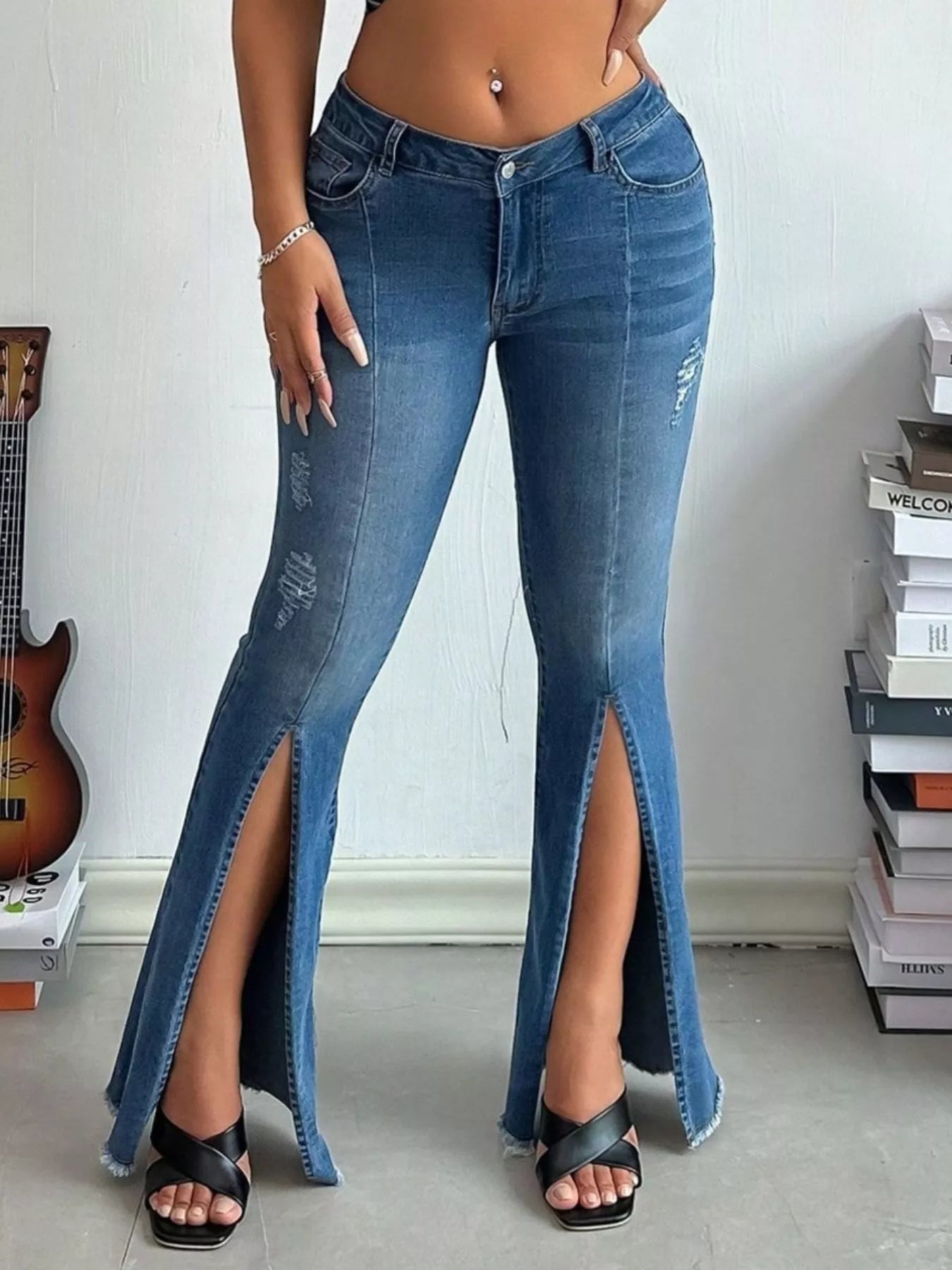 Distressed Slit Flare Jeans - Girly Tea