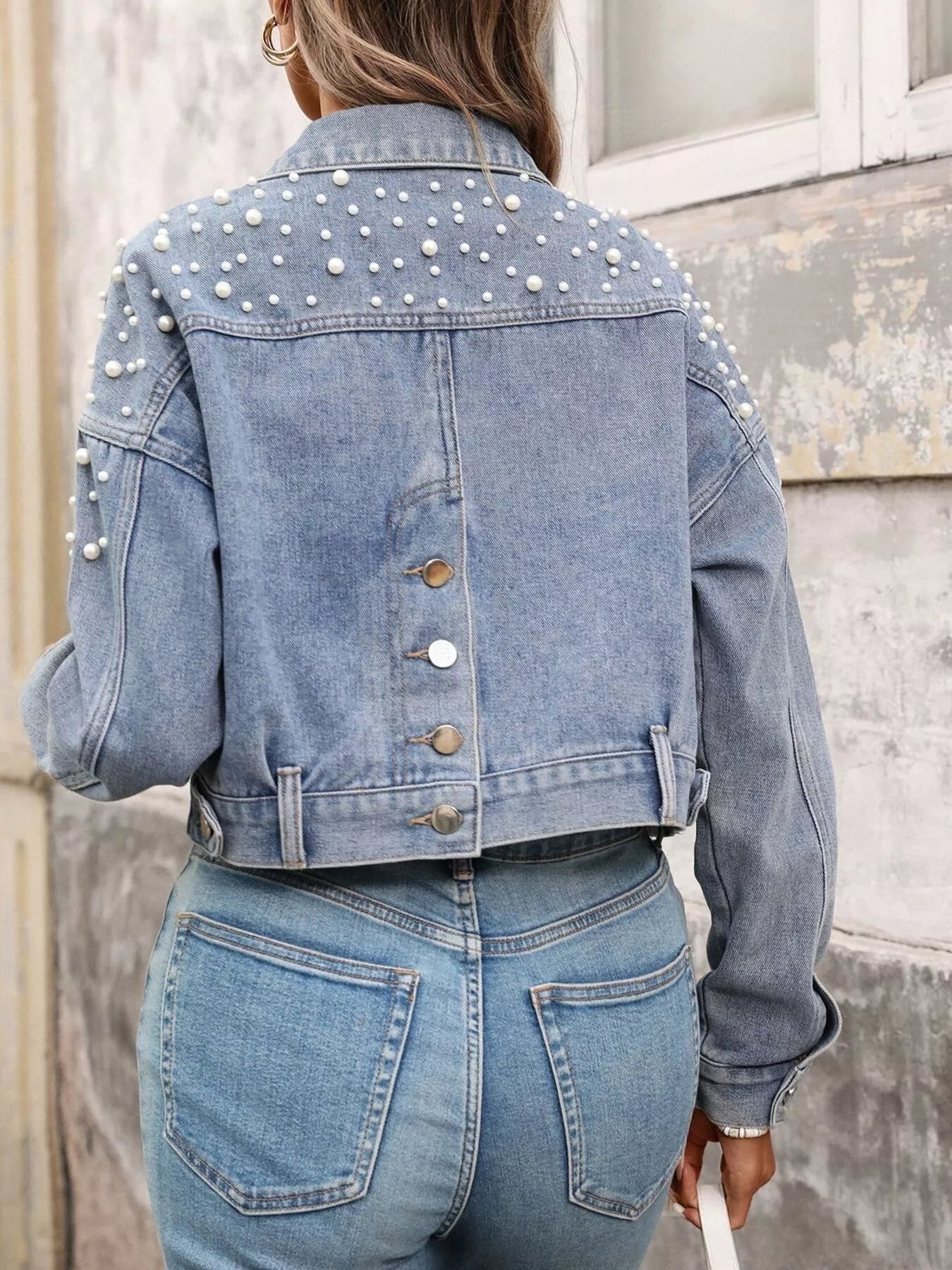 Pearl Embellished Cropped Denim Jacket - Girly Tea