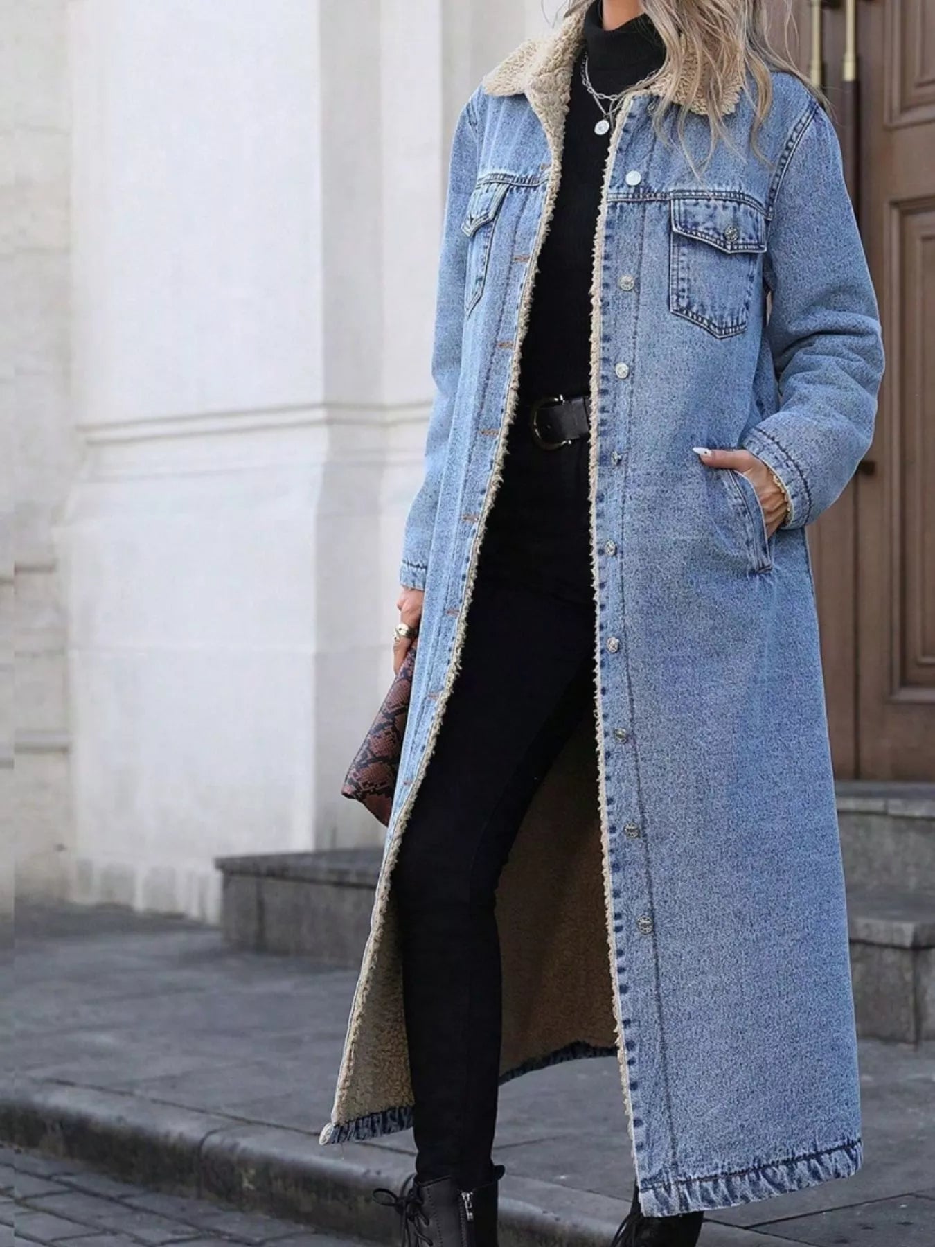 Sherpa Lined Longline Denim Jacket - Girly Tea