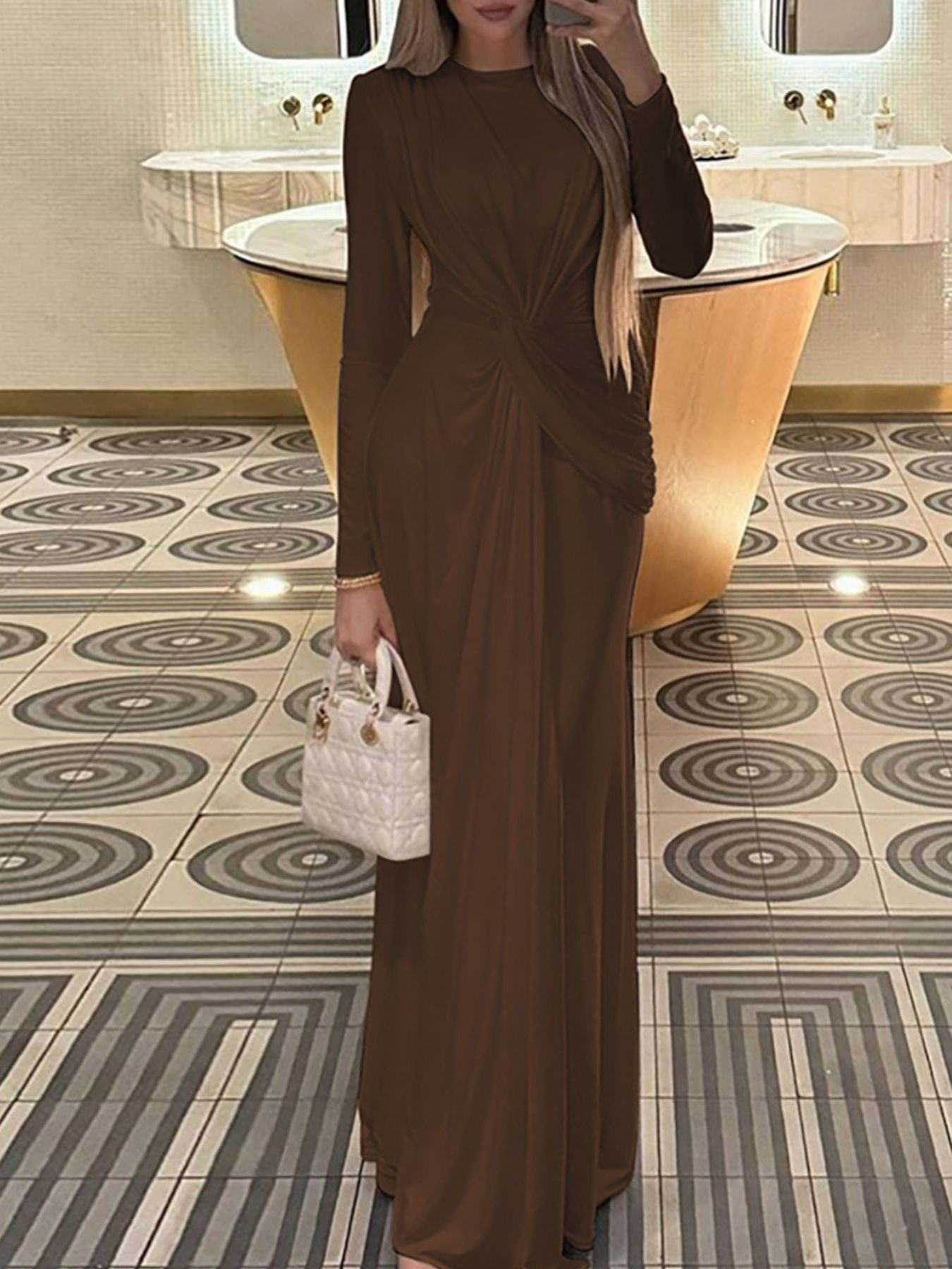 Ruched Knot Front Long Sleeve Maxi Dress - Girly Tea