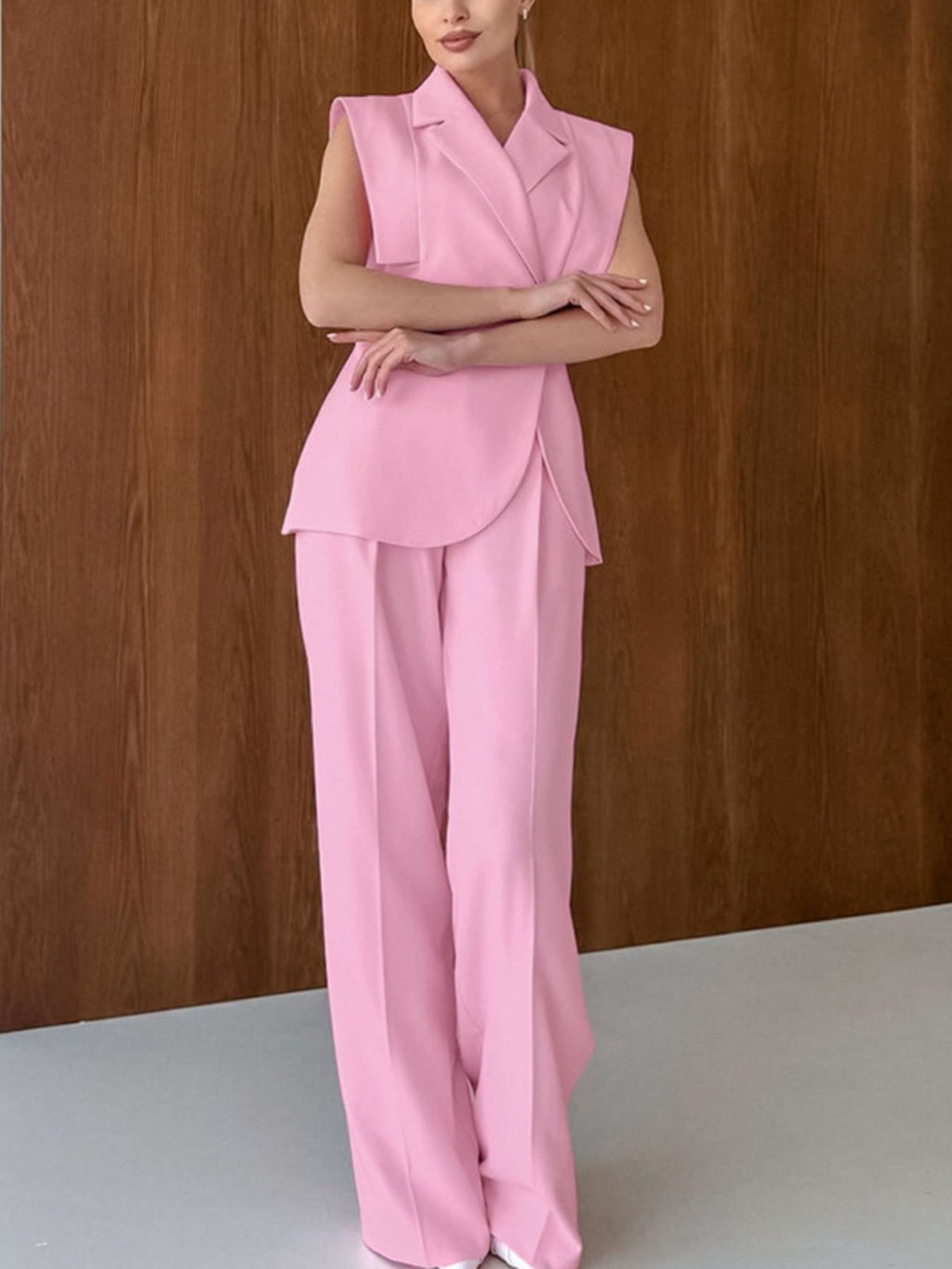 Sleeveless Blazer & Wide Leg Pants Set - Girly Tea