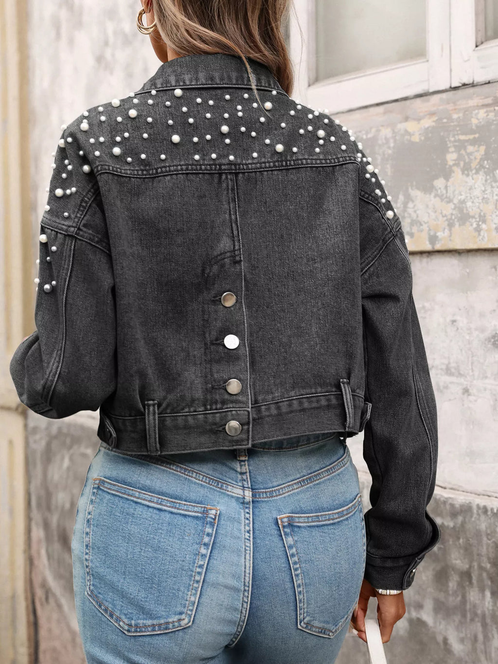 Pearl Embellished Cropped Denim Jacket - Girly Tea