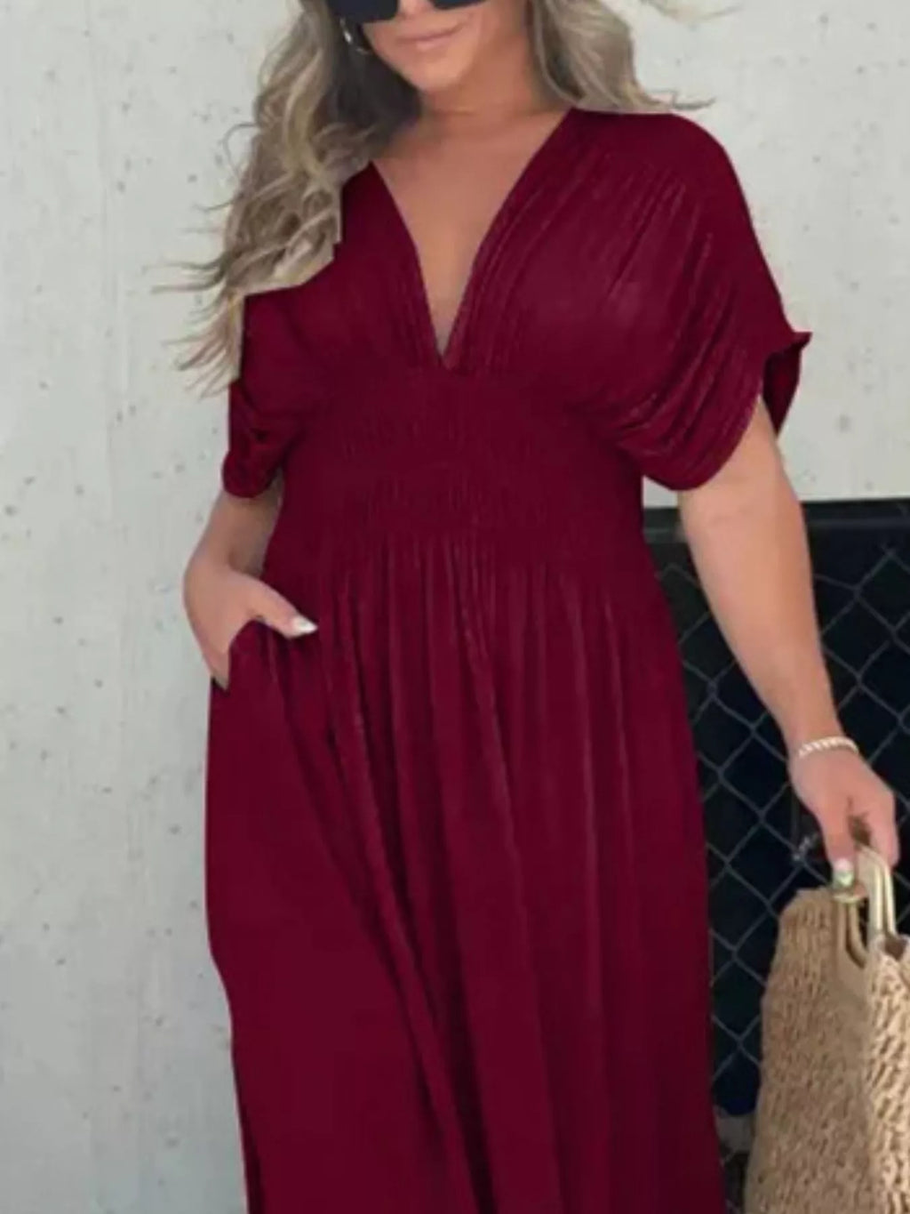 Full Size Slit V-Neck Smocked Waist Maxi Dress Plus Size - Girly Tea