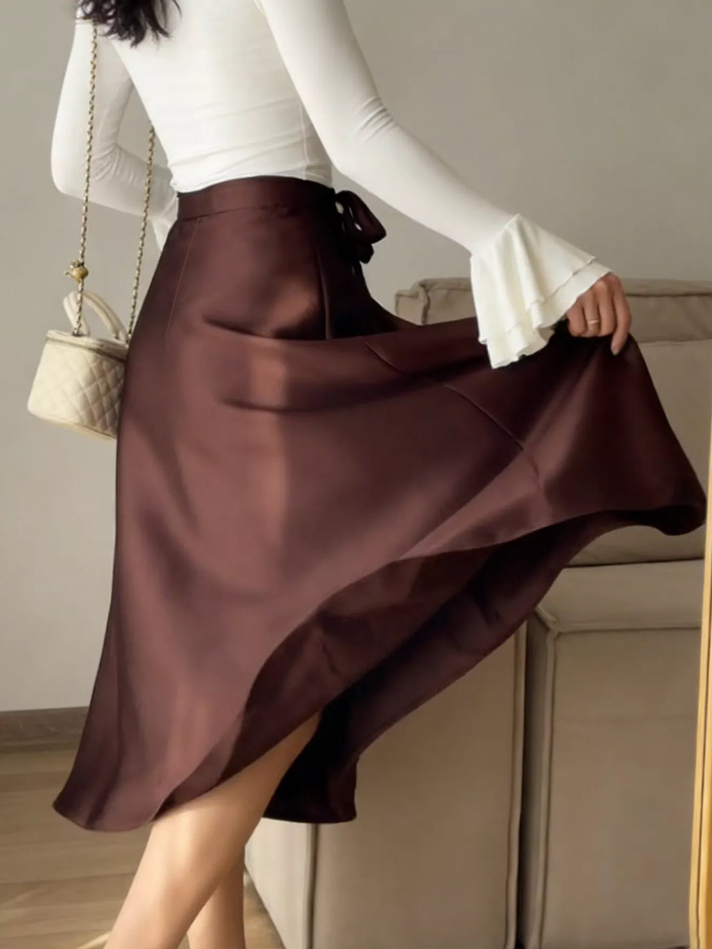 Satin A-Line Midi Skirt - Girly Tea