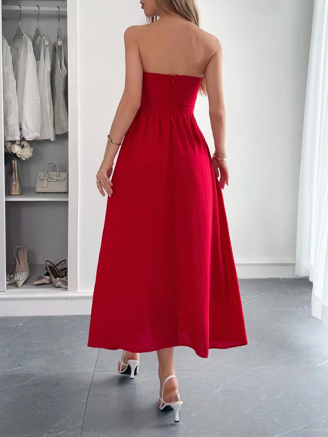 Strapless A-Line Midi Dress with Pockets - Girly Tea