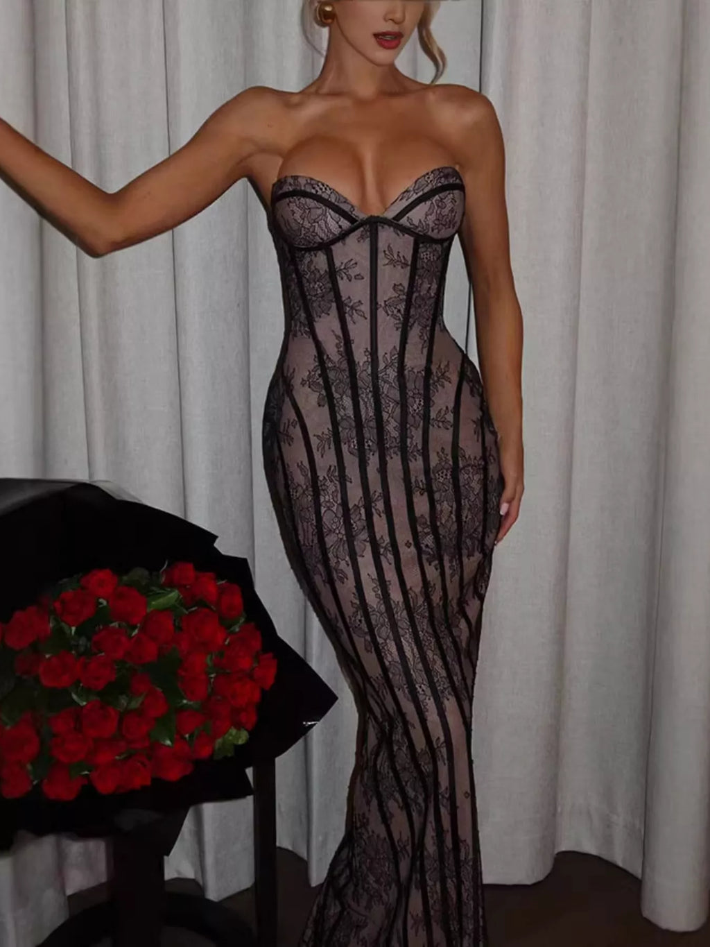 Lace Up Back Strapless Maxi Dress - Girly Tea