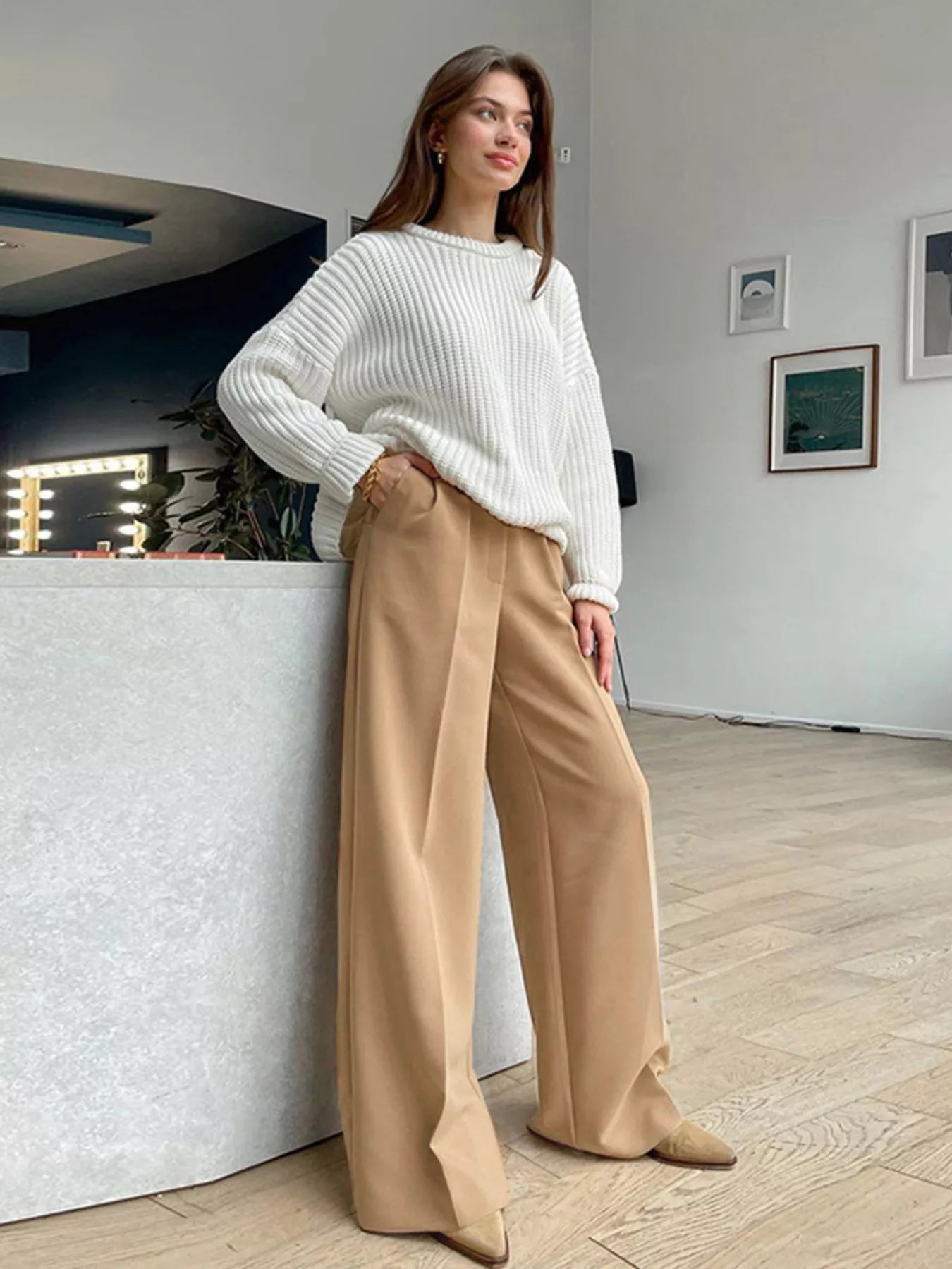 Wide Leg Pleated Pants - Girly Tea