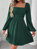 Ruched Square Neck Long Sleeve A-Line Dress - Girly Tea