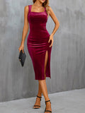 Velvet Slit Wide Strap Midi Dress - Girly Tea