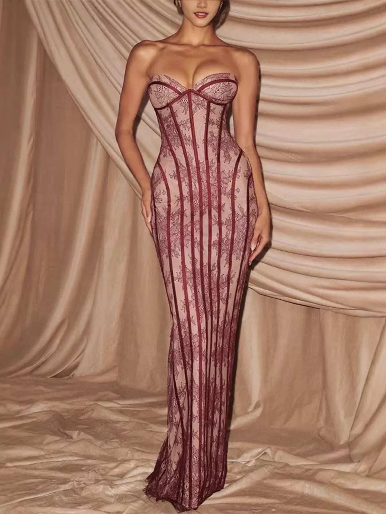 Lace Up Back Strapless Maxi Dress - Girly Tea