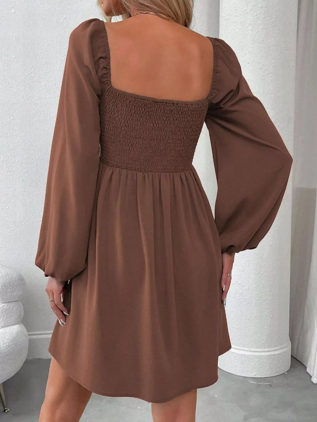 Ruched Square Neck Long Sleeve A-Line Dress - Girly Tea