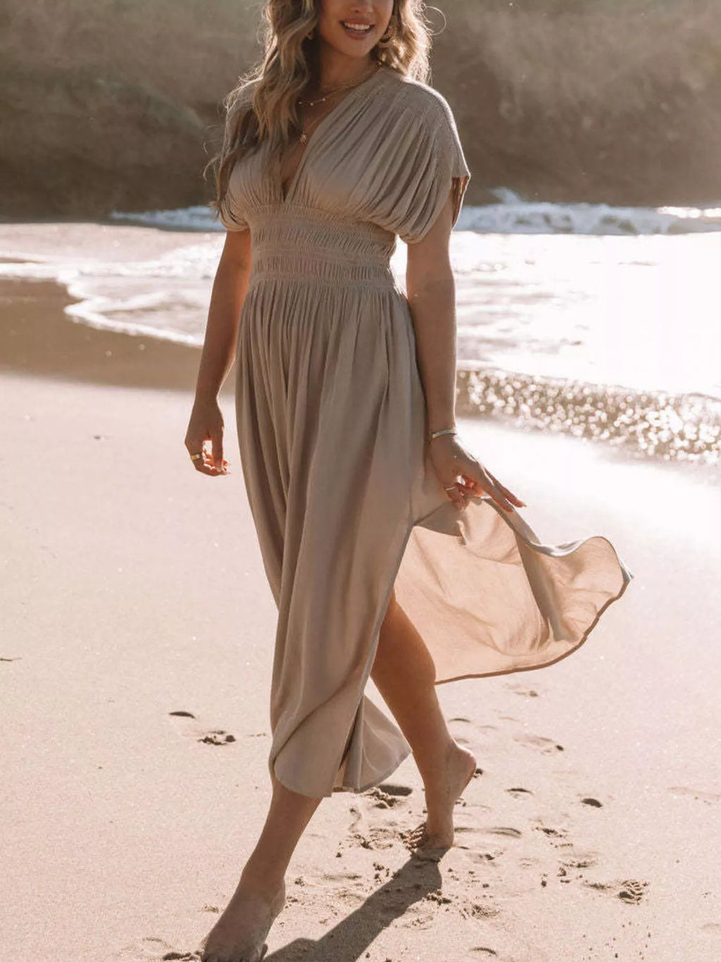 Full Size Slit V-Neck Smocked Waist Maxi Dress Plus Size - Girly Tea