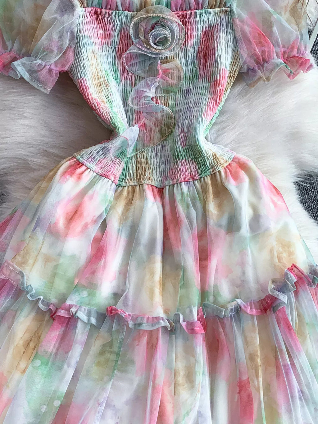 Smocked Floral Tiered Mesh Midi Dress - Girly Tea