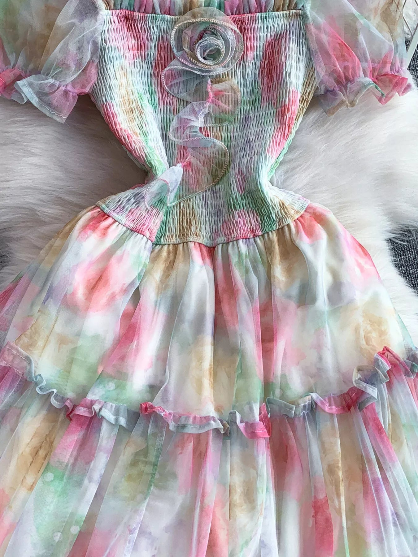 Smocked Floral Tiered Mesh Midi Dress - Girly Tea