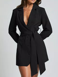 Lapel Collar Tie Waist Blazer - Girly Tea
