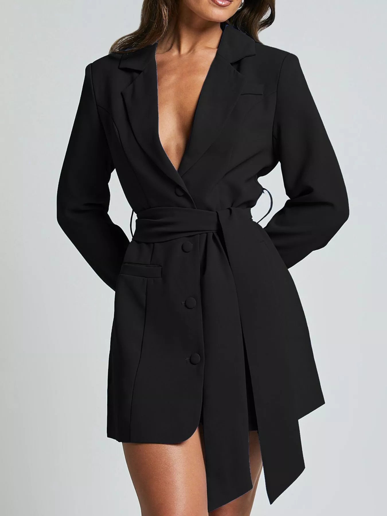 Lapel Collar Tie Waist Blazer - Girly Tea