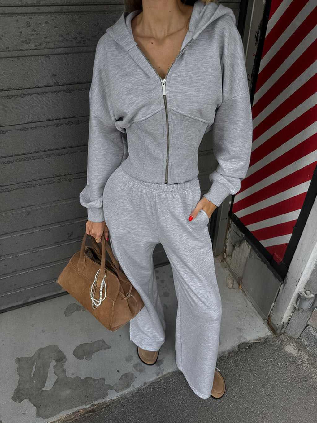 Zip Up Hoodie & Wide Leg Pants Set - Girly Tea
