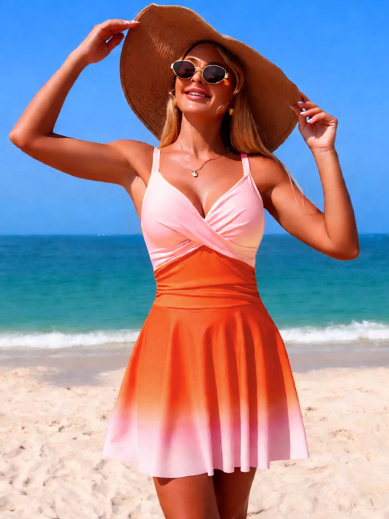 V-Neck Gradient One-Piece Swimsuit - Girly Tea