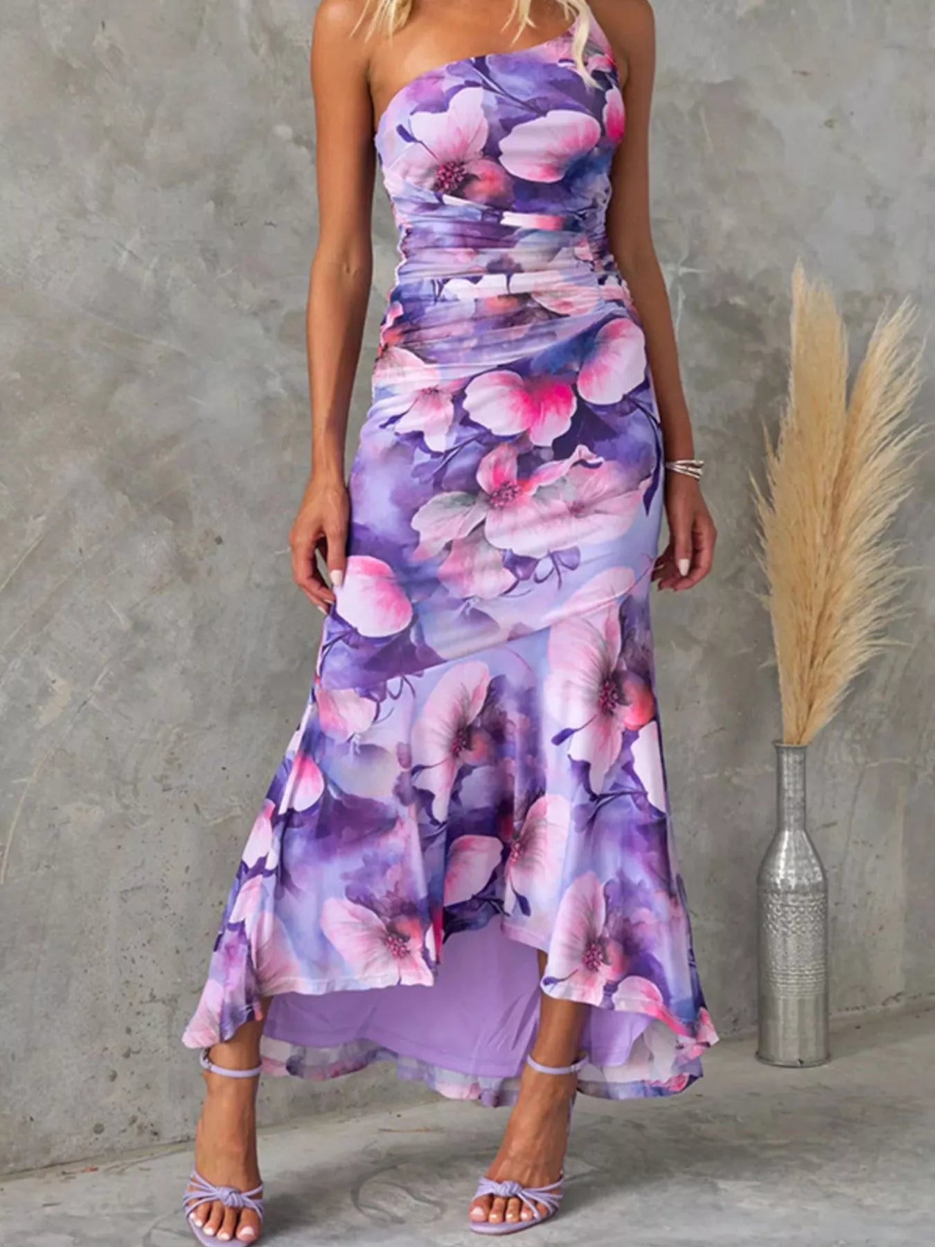 Floral Print One-Shoulder Ruched Maxi Dress - Girly Tea