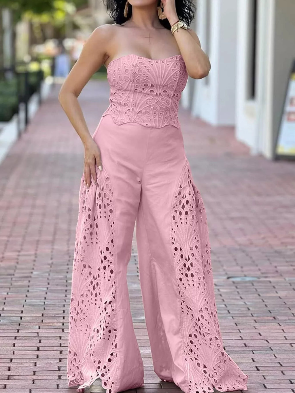 Hollow-Out Tube Top and Pants Two-Piece Set - Girly Tea